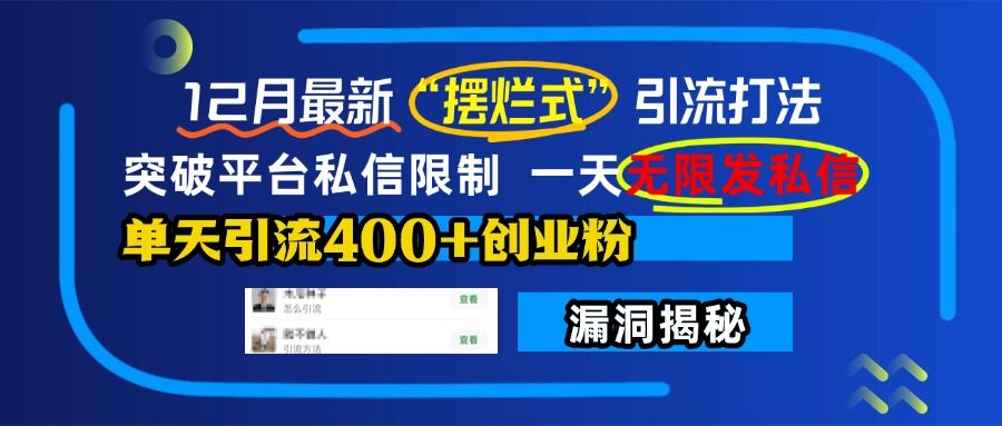 12月最新“摆烂式”引流打法，突破平台私信限制，一天无限发私信，单天引流400+创业粉！-靠谱项目库