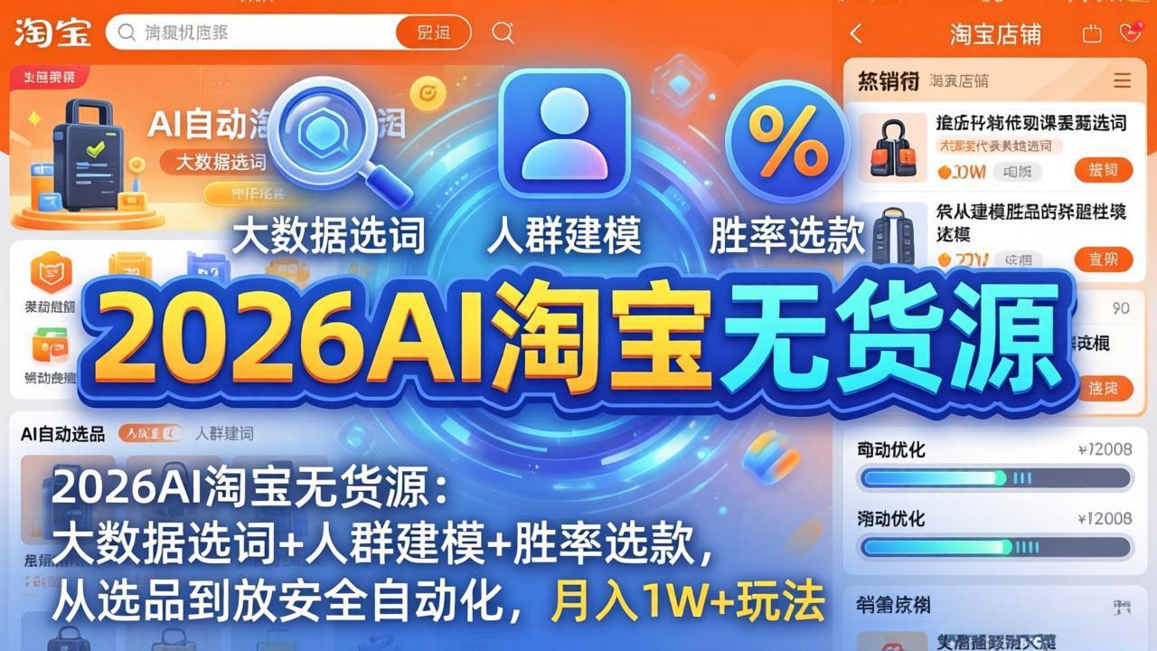 （17955期）2026AI淘宝无货源-4月更新：大数据选词+人群建模+胜率选款，从选品到放大全自动化，月入1W+玩法-靠谱项目库