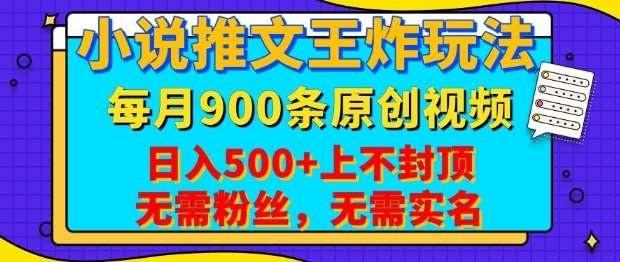 小说推文王炸玩法,一键代发,每月最多领900条原创视频,播放量收益日入5张,无需粉丝,无需实名【揭秘】-靠谱项目库