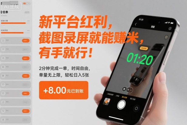 新平台红利，截图录屏就能賺米，有手就行！2分钟完成一单，时间自由，单量无上限，轻松日入5张【揭秘】-靠谱项目库