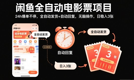 闲鱼全自动电影票项目,24h爆单不停,全自动发货+自动回复,无脑操作,日稳入3张【揭秘】-靠谱项目库