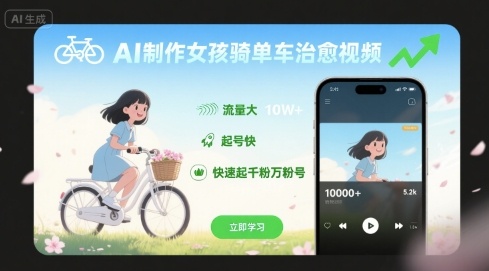 AI制作女孩骑单车治愈视频,流量大,起号快,快速起千粉万粉号-靠谱项目库