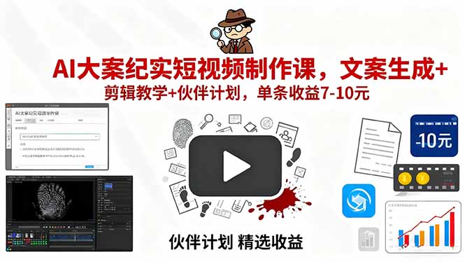 （15992期）AI大案纪实短视频制作课，文案生成+剪辑教学+伙伴计划，单条收益7-10元-靠谱项目库