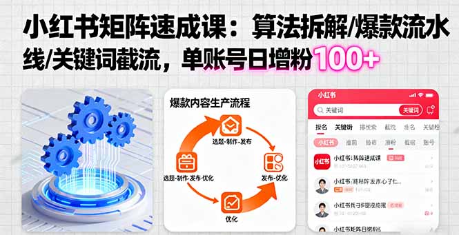 （16231期）小红书矩阵起号速成课：算法拆解/爆款流水线/关键词截流 单账号日增粉100+-靠谱项目库