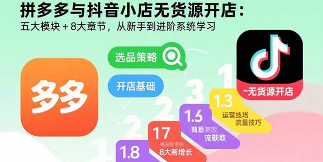 （15805期）拼多多与抖音小店无货源开店：五大模块+8大章节，从新手到进阶系统学习-靠谱项目库