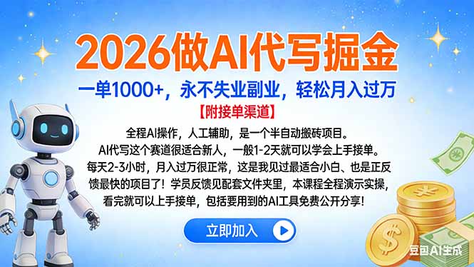 （16924期）2026做AI代写掘金，一单1000+，永不失业副业，轻松月入过万-靠谱项目库