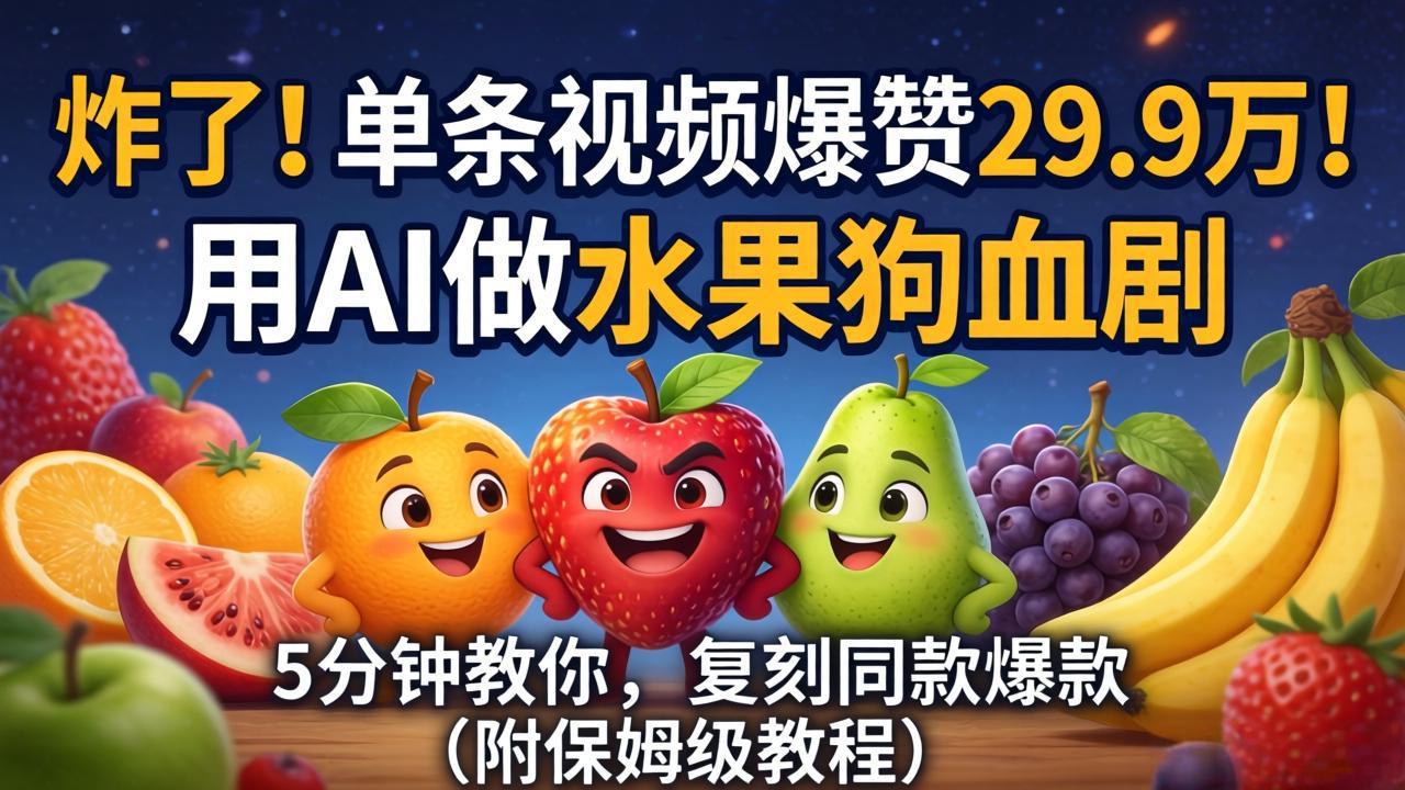 （18206期）炸了！单条视频爆赞 29.9 万！用 AI 做水果狗血剧，5 分钟教你，复刻同款爆款（附保姆级教程）-靠谱项目库