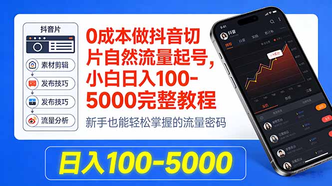 （18024期）0成本做抖音切片自然流量起号，小白日入100-5000完整教程-靠谱项目库
