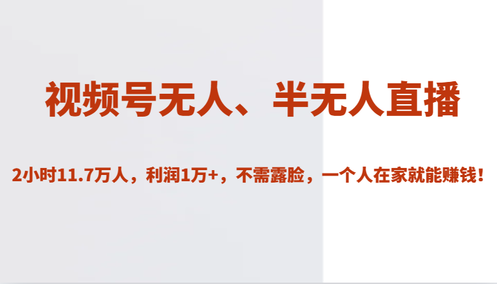 视频号无人、半无人直播2小时11.7万人,利润1万+,不需露脸,一个人在家就能赚钱! 视频号无人、半无人直播2小时11.7万人,利润1万+,不需露脸,一个人在家就能赚钱!
