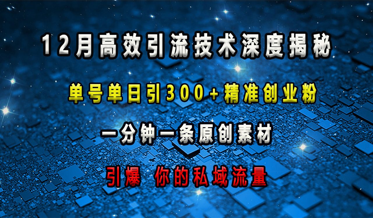 12月高效引流技术深度揭秘 ,单号单日引300+精准创业粉,一分钟一条原创素材,引爆你的私域流量-靠谱项目库