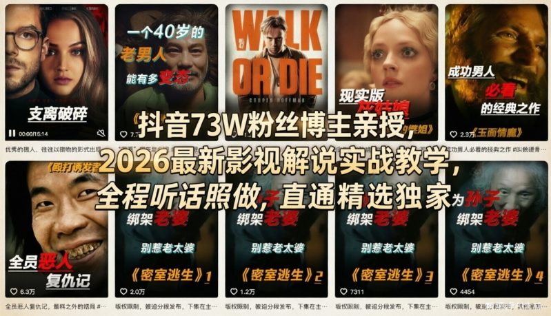 抖音73W粉丝博主亲授，2026最新影视解说实战教学，全程听话照做，直通精选独家-靠谱项目库