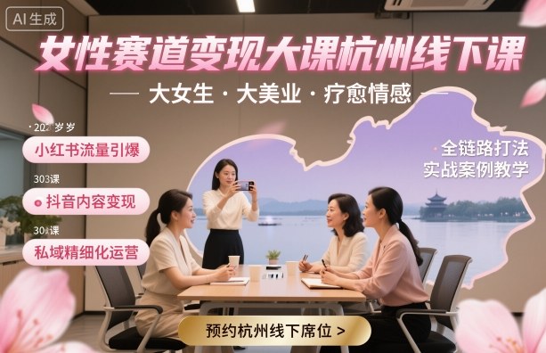 女性赛道变现大课杭州线下，大女生，大美业，疗愈情感，一套小红书、抖音、私域全链路打法-靠谱项目库