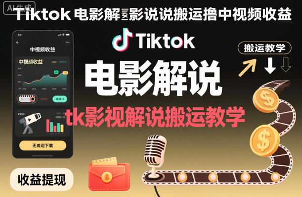Tiktok电影解说搬运撸中视频收益,tk影视解说搬运教学-靠谱项目库