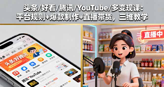 （16147期）头条/好看/腾讯/YouTube/多变现课：平台规则+爆款制作+直播带货，三维教学-靠谱项目库