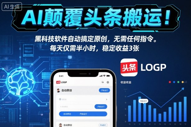 AI颠覆头条搬运！黑科技软件自动搞定原创，无需任何指令。每天仅需半小时，稳定收益3张【揭秘】-靠谱项目库
