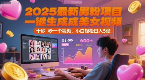 2025最新男粉项目，一键生成美女视频，日引600+色粉 十秒一个视频，小白轻松日入5张【揭秘】-靠谱项目库