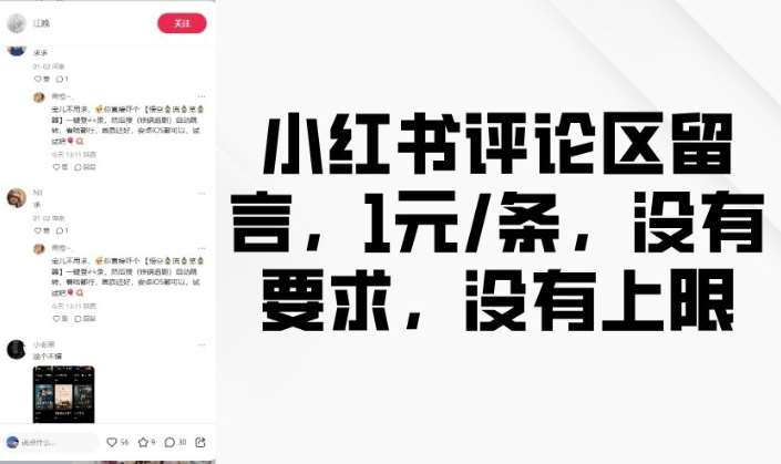小红书评论区留言，1元条，没有要求，没有上限-靠谱项目库