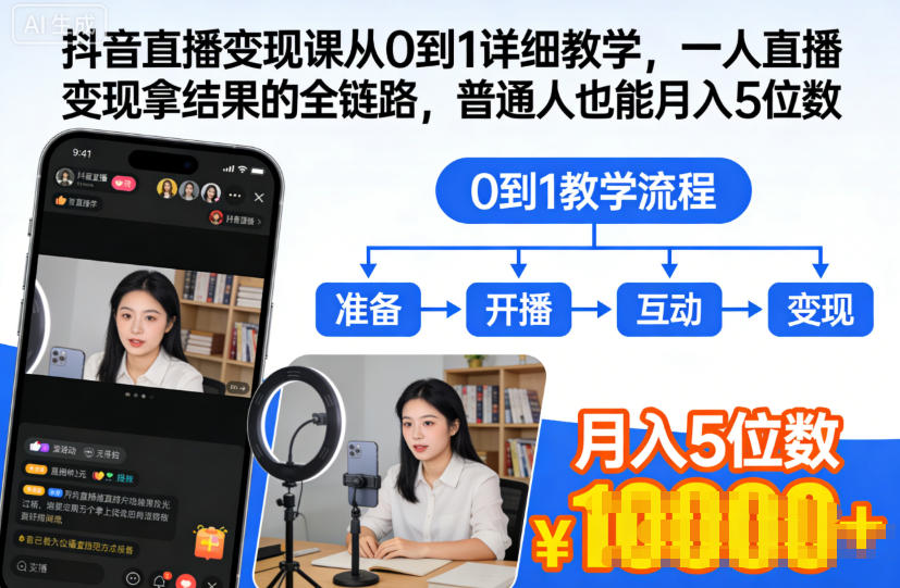 抖音直播变现课从0到1详细教学，一人直播变现拿结果的全链路，普通人也能月入5位数-靠谱项目库