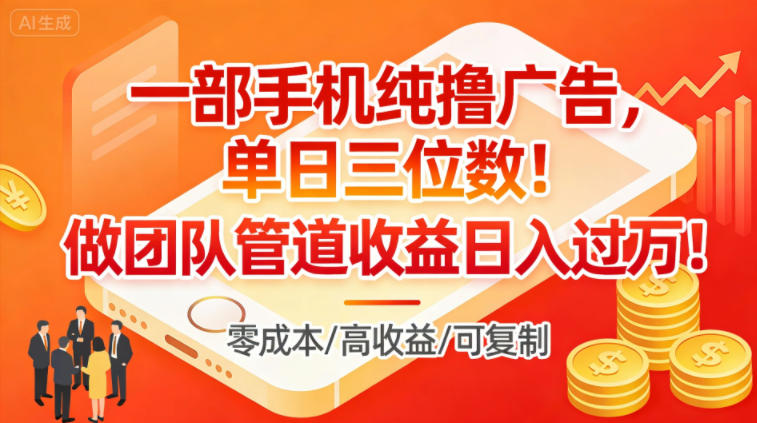 一部手机纯撸广告,单日三位数,做团队管道收益日入过1W-靠谱项目库