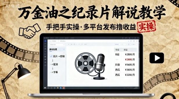 万金油之纪录片解说教学,手把手教你,完全实操,多平台发布撸收益-靠谱项目库