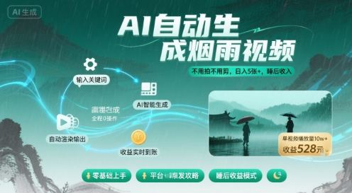 不用拍不用剪！AI自动生成烟雨视频，日入5张+，睡后收入-靠谱项目库