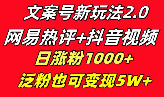文案号新玩法 网易热评+抖音文案 一天涨粉1000+ 多种变现模式 泛粉也可变现-靠谱项目库