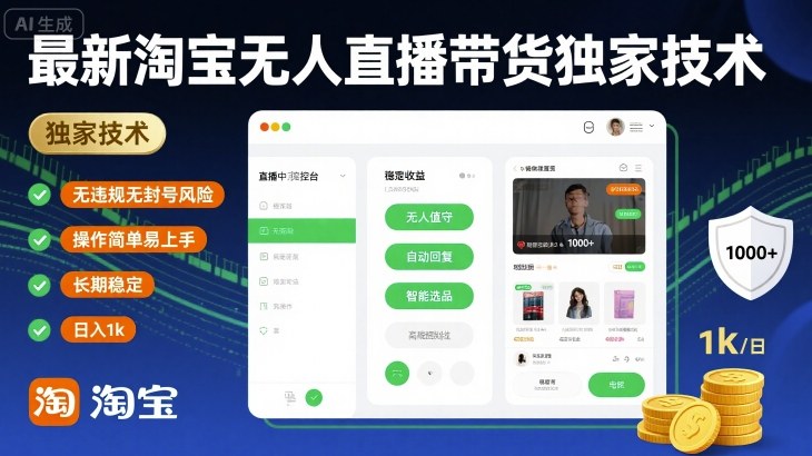最新淘宝无人直播带货独家技术，无违规无封号风险，操作简单易上手，长期稳定日入1k【揭秘】-靠谱项目库