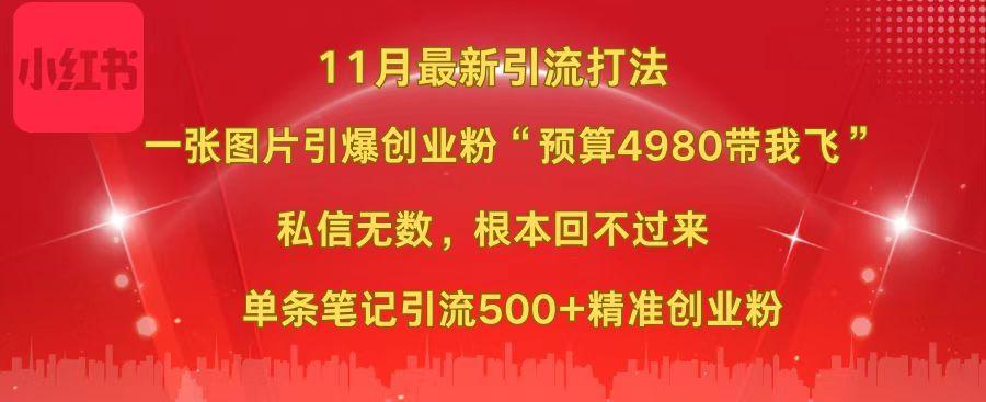 小红书11月最新图片打法,一张图片引爆创业粉“预算4980带我飞”,私信无数,根本回不过来,单条笔记引流500+精准创业粉-靠谱项目库