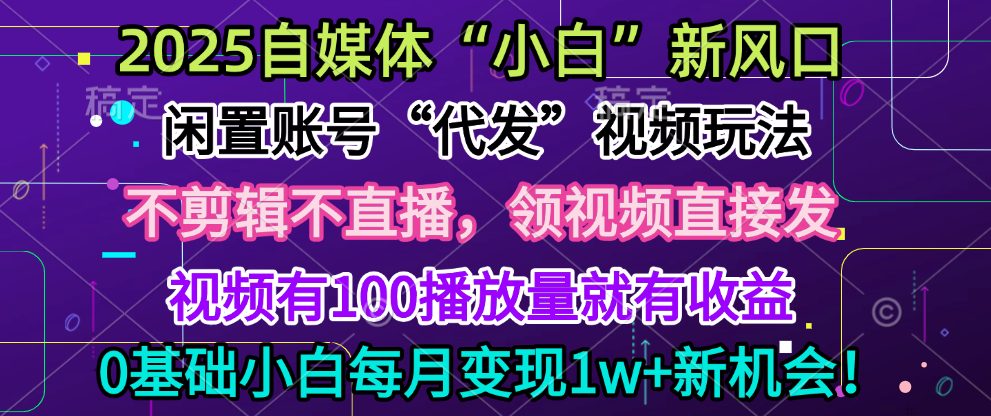 2025每月躺赚5w+新机会,闲置视频账号一键代发玩法,0粉不实名不剪辑,领了视频直接发,0基础小白也能日入300+-靠谱项目库
