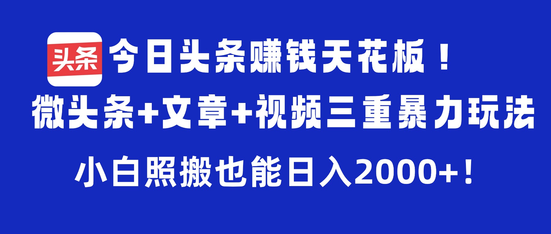 今日头条赚钱天花板！微头条+文章+视频三重暴力玩法，小白照搬也能日入2000+-靠谱项目库