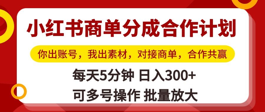 小红书商单分成合作计划，你出账号，我出素材，对接商单，合作共赢，单号日入300+，可批量放大-靠谱项目库