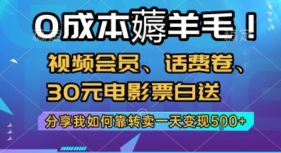 0成本薅羊毛!视频会员、话费卷、30元电影票白送，分享我如何靠转卖一天变现5张+【揭秘】-靠谱项目库