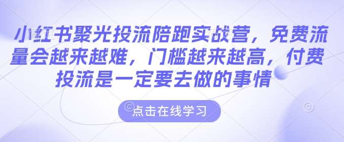 小红书聚光投流陪跑实战营，免费流量会越来越难，门槛越来越高，付费投流是一定要去做的事情-靠谱项目库