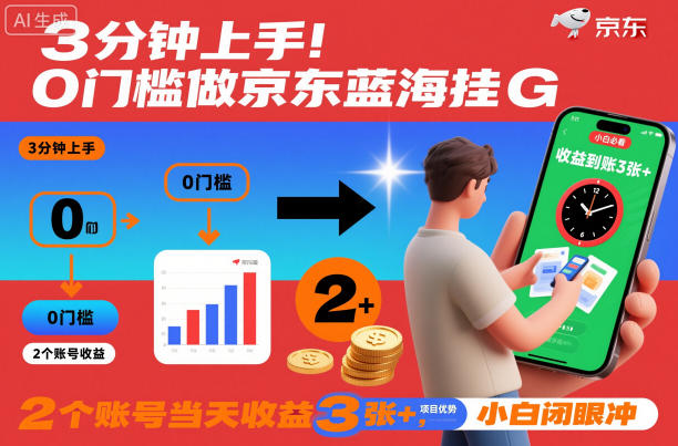 3分钟上手！0门槛做京东蓝海全自动掘金，2个账号当天收益3张+，小白闭眼冲【揭秘】-靠谱项目库