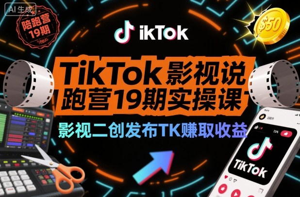 TikTok影视解说陪跑营19期实操课，影视二创发布TK賺取收益，万播收益50美金-靠谱项目库