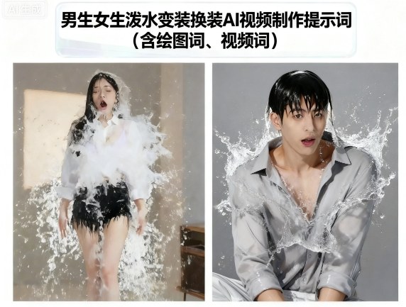 男生女生泼水变装换装AI视频制作提示词(含绘图词、视频词)-靠谱项目库