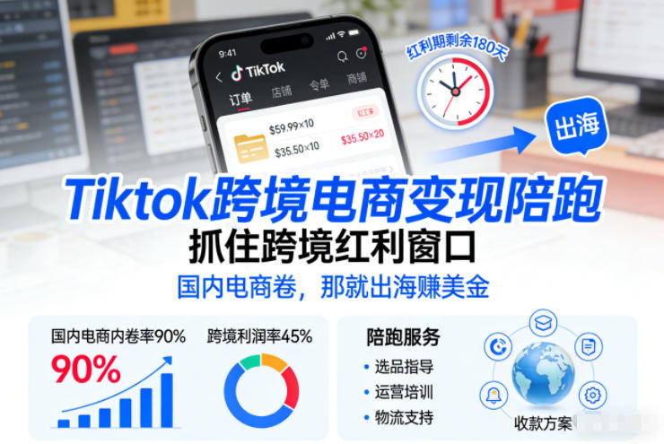 Tiktok跨境电商变现陪跑，抓住跨境红利窗口，国内电商卷，那就出海賺美金-靠谱项目库