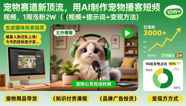 宠物赛道新顶流，用AI制作宠物播客短视频，1周涨粉2W（视频+提示词+变现方法）-靠谱项目库