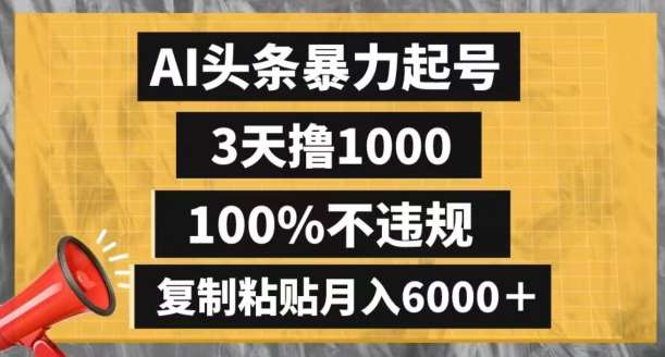 AI头条暴力起号,3天撸1000,100%不违规,复制粘贴月入6000+【揭秘】-靠谱项目库