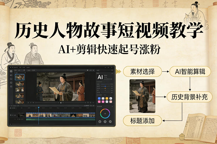 历史人物故事短视频教学,AI+剪辑制作历史人物题材短视频,快速起号涨粉-靠谱项目库