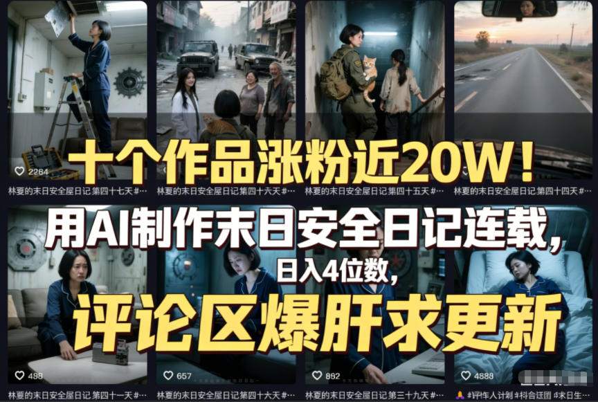 十个作品涨粉近20W！用AI制作末日安全日记连载，日入4位数，评论区爆肝求更新（附详细步骤）-靠谱项目库