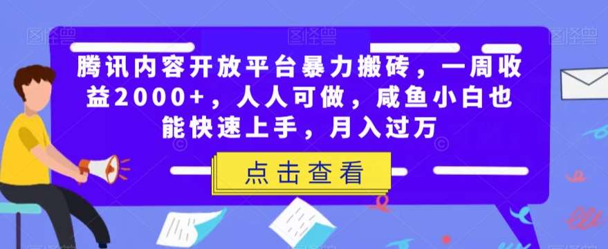 腾讯内容开放平台暴力搬砖，一周收益2000+，人人可做，咸鱼小白也能快速上手，月入过万-靠谱项目库