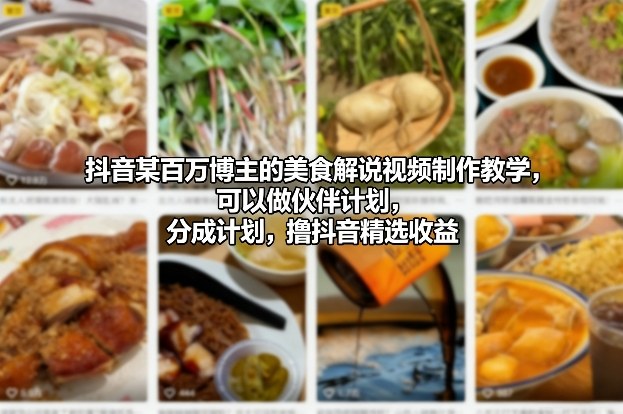抖音某百万博主的美食解说视频制作教学,可以做伙伴计划,分成计划,撸抖音精选收益-靠谱项目库