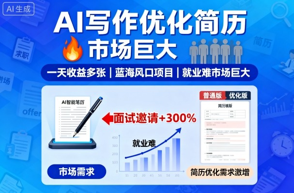 AI写作优化简历，一天收益多张，蓝海风口项目，就业难市场巨大-靠谱项目库