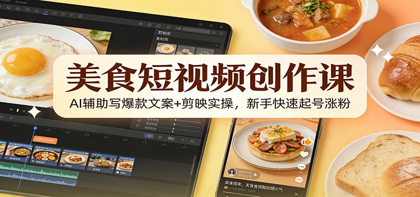 美食短视频创作课：AI辅助写爆款文案+剪映实操，新手快速起号涨粉-靠谱项目库