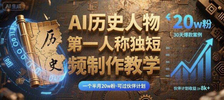 最新AI历史人物第一人称独白短视频制作教学，一个半月20w粉，可过伙伴计划-靠谱项目库
