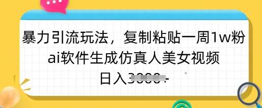 暴力引流玩法，复制粘贴一周1w粉，ai软件生成仿真人美女视频，日入多张-靠谱项目库