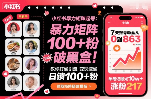 小红书暴力矩阵起号，教你打通引流-变现速通，日锁100+粉，破流量黑盒-靠谱项目库
