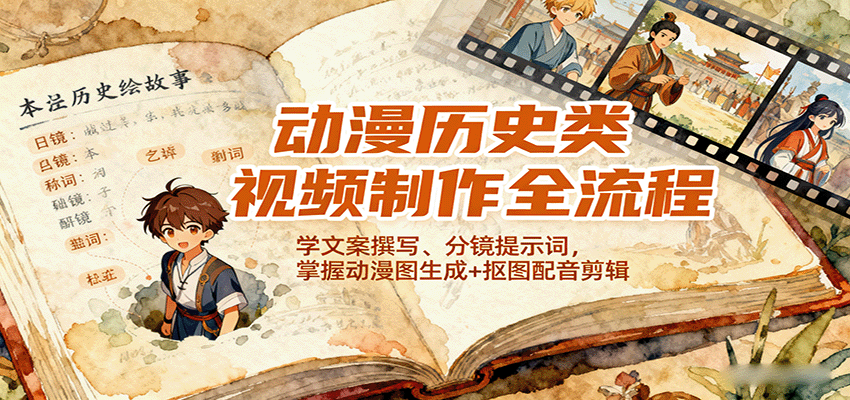 动漫历史类视频制作全流程，学文案撰写、分镜提示词，掌握动漫图生成+抠图配音剪辑-靠谱项目库