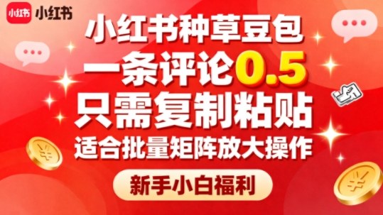 小红书种草豆包,一条评论0.5,只需复制粘贴,适合批量矩阵放大操作,新手小白福利-靠谱项目库